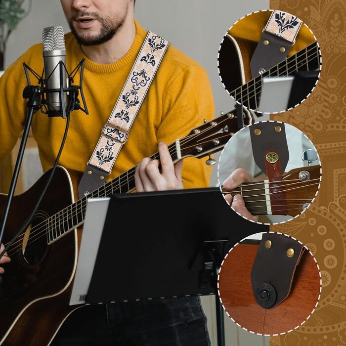 Гітарний ремінь Jacquard з вишитою бавовною та шкіряними кінцями для акустичної гітари (Gs-75-9 Yellow Jacquard)