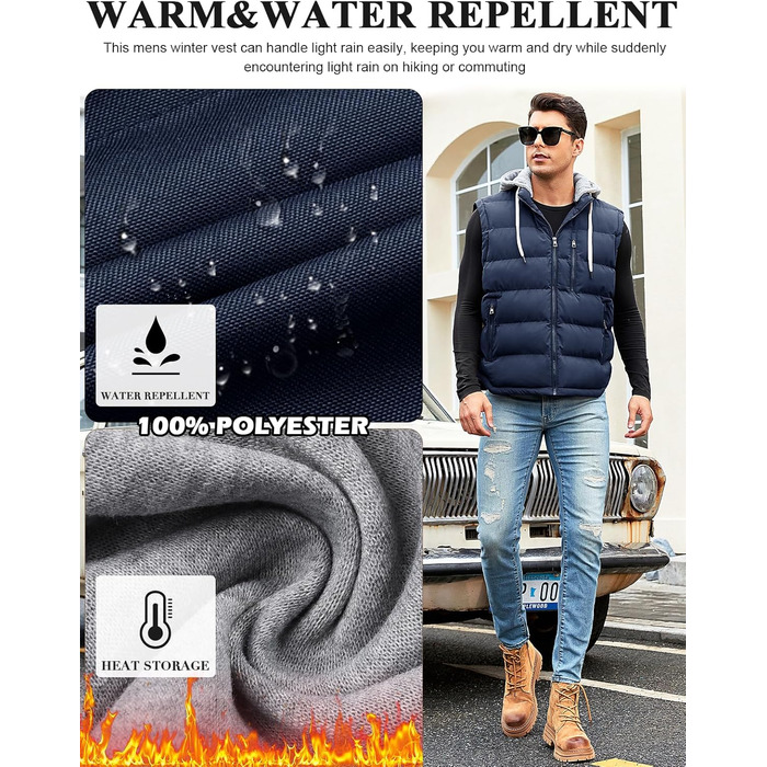 Чоловіча степна жилетка Vancavoo з капюшоном, тепла зимова жилетка для активного відпочинку, спортивна жилетка, перехідна куртка (темно-синій, L)