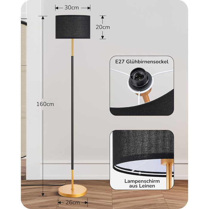 Стійка лампа EDISHINE для вітальні, 160 см, арка, з вимикачем на ніжці, включає LED-лампу E27 (6W, 2700K), абажур з чорного льону, сучасна лампа для спальні