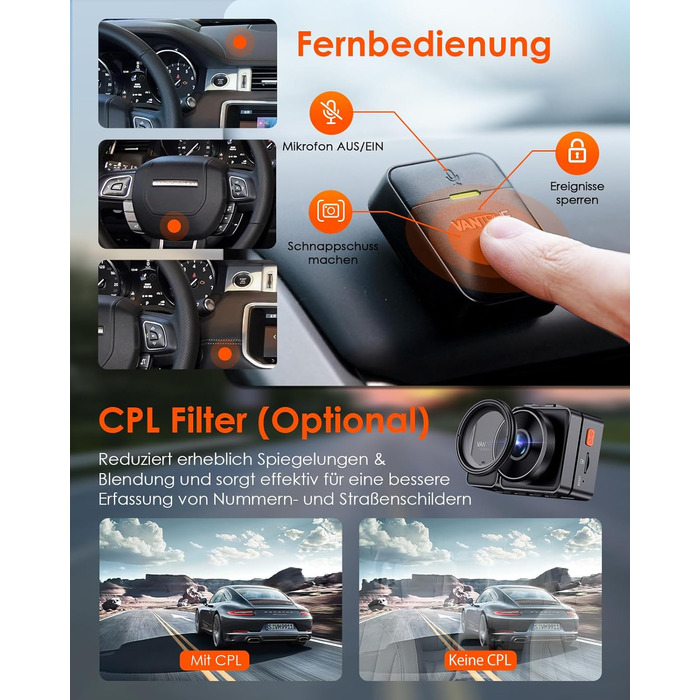 Відеореєстратор VANTRUE E2 Dual 2.7K+2.7K з GPS, WiFi та пультом керування. Подвійний об'єктив, нічне бачення, паркувальний режим, G-сенсор, підтримка карт пам'яті до 512GB