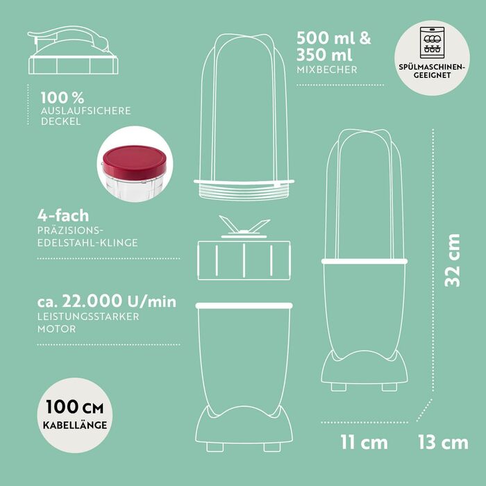 GOURMETmaxx Mr. Magic: Блендер для смузі та шейків 400W | Комплект з насадкою, чашею 500мл та кришкою To Go | Срібно-червоний | 4-в-1