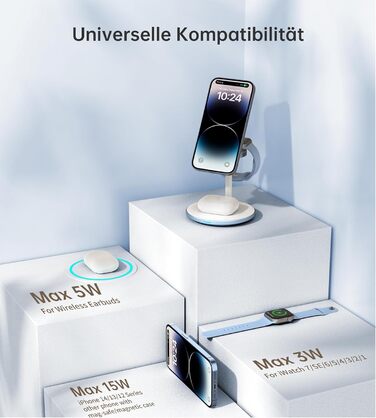 База для бездротової зарядки 3-в-1: iPhone, iWatch, AirPods, 15W, MagSafe, фіолетовий (світло-блакитний)