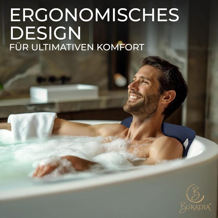 Подушка для ванни з сіткою для прання - Максимальний комфорт та розслаблення з технологією Air Mesh. Подушка для ванни з 4 міцними присосками. Підтримка шиї та голови (Темно-синій)