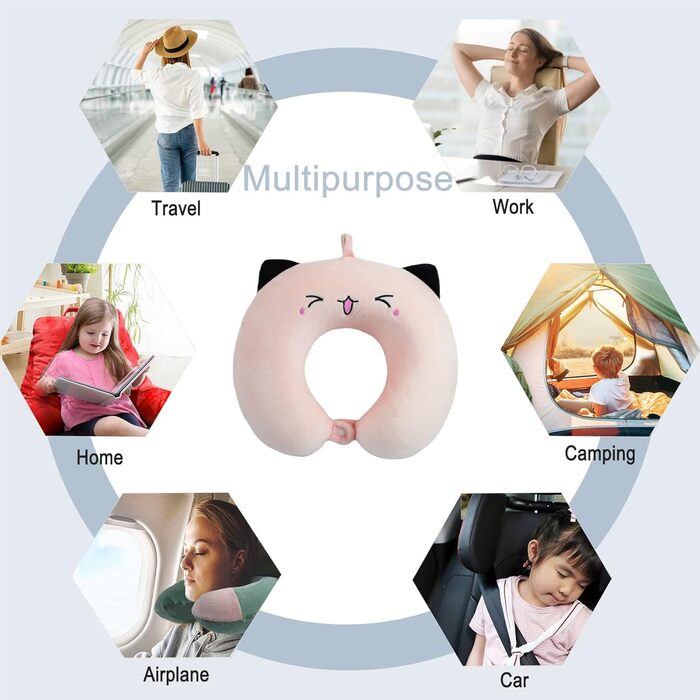 Дитяче подушечка для шиї Memory Foam, U-подібна подушка для подорожей (літак, авто, поїзд), знімний чохол (рожева)