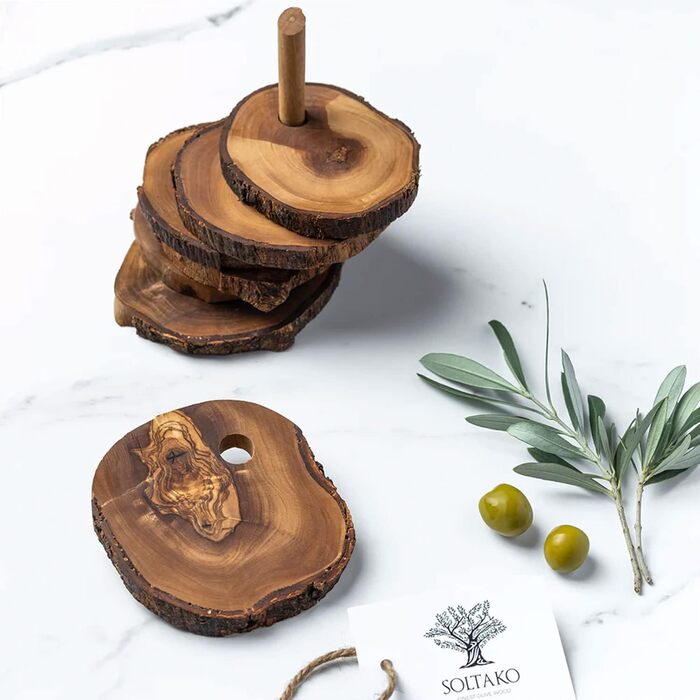 SOLTAKO Coasters Olive Wood The Rustic Coaster round/rustic Ø approx. 12cm (6x Coasters + 1x Stand)