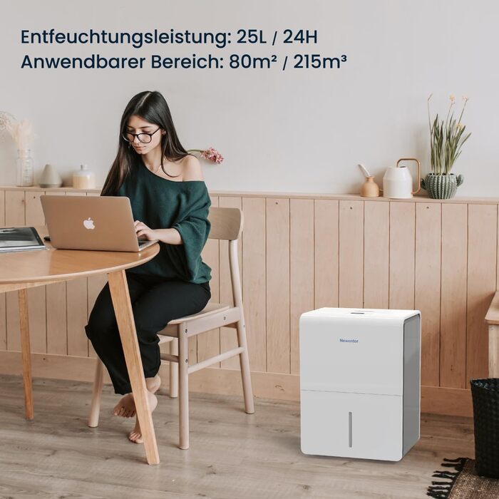 Newentor Вологопоглинач повітря 25л/24г, для приміщень 215м³/80м² - Тиха робота, Економний чіп, Зручне керування, 10 років гарантії, з 1м шлангом та знімним фільтром, таймер