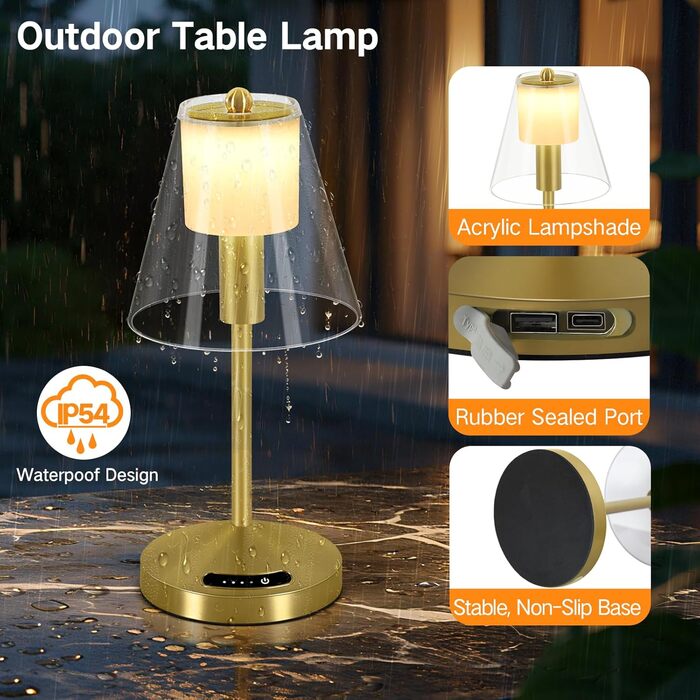 OUTON Бездротова настільна лампа Gold – LED лампа з торканням, регулювання яскравості, 3 режими кольору (3000K–6000K), акумулятор 4000mAh, USB-C, до 120 годин роботи, пам'ять, для спальні, бару та декору, золота