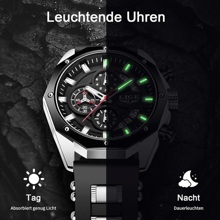 Годинник чоловічий LIGE з датою, кварцовий, аналоговий, водонепроникний, ретро-дизайн, хронограф, чорний силіконовий ремінець, вінтажний годинник, подарунок для чоловіків