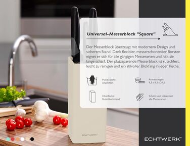 Універсальний тримач для ножів ECHTWERK Square — органайзер для кухонних ножів із щіткою для очищення, компактна підставка для зберігання, колір крем