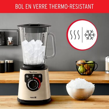 Блендер стаціонарний Moulinex PerfectMix 1200 Вт, скляна чаша 1,5 л, технологія Powelix, чорний/золотий, легке очищення