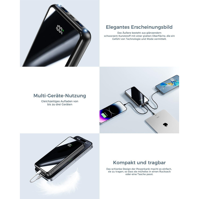 Портативний акумулятор Power Bank 26800mAh з LED дисплеєм, швидкою зарядкою 22.5W USB-C PD3.0 & QC4.0, чорний. Сумісний з iPhone 16 Pro Max, Galaxy S25 Edge/S24, планшетами