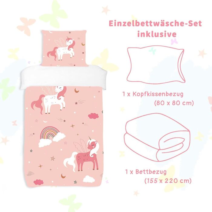 Комплект постільної білизни HOM Einhorn 135x200 для дівчаток - рожевий, з малюнком райдуги, 2 шт. (155x220 см, 80x80 см)