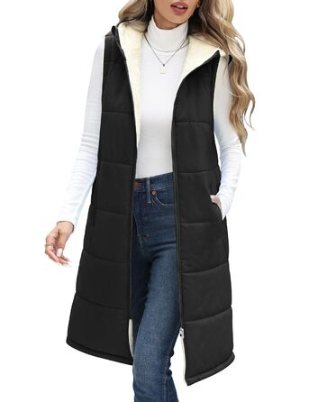 Жіноча довга жилетка Vancavoo з капюшоном на осінь/зиму: степкова, без рукавів, з флісовою підкладкою, тепла, чорна, розмір L