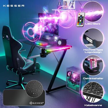 Ігровий стіл KESSER Gaming 120x60 см, Z-подібний комп'ютерний стіл з вуглецевим покриттям, підсвіткою LED, підставкою для напоїв та гачком для навушників, чорний