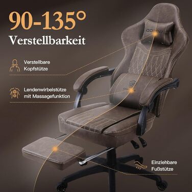 Ігровий крісло Dowinx з пружинним сидінням, Масажний геймерський крісло з підтримкою попереку, Ергономічне ігрове крісло з підніжкою, Офісне крісло з PU шкіри, Колір: Коричневий