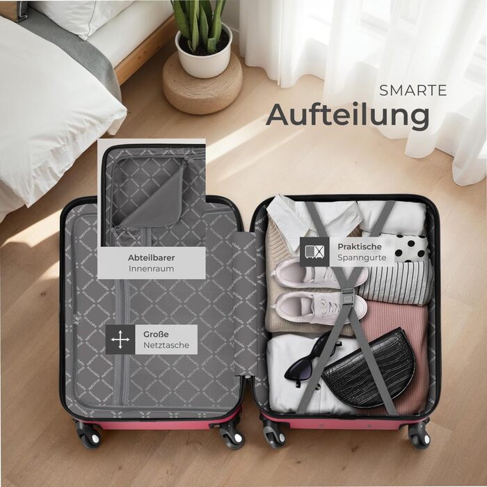 Набір валіз Tectake 4-TLG: міцні валізи з колесами 360°, TSA-замком, великий об'єм, роздільний внутрішній простір, ручна валіза на телескопічному стійці - шампань (винно-червоний)