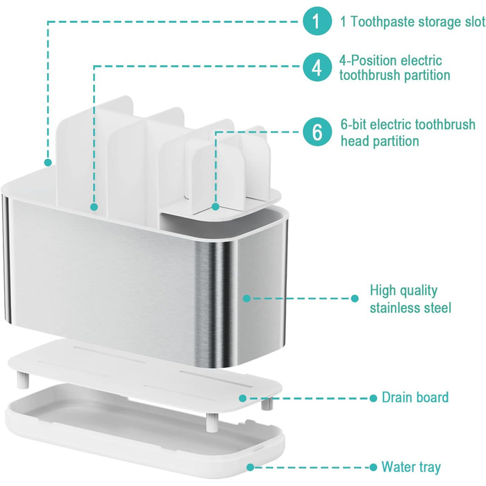 Stainless Steel Toothbrush Holder, Bathroom Electric Toothbrush Holder Organizer, Toothbrush Holder with Non-Slip Bottom, 4 Toothbrush Compartments, Removable for Easy Cleaning (Large)