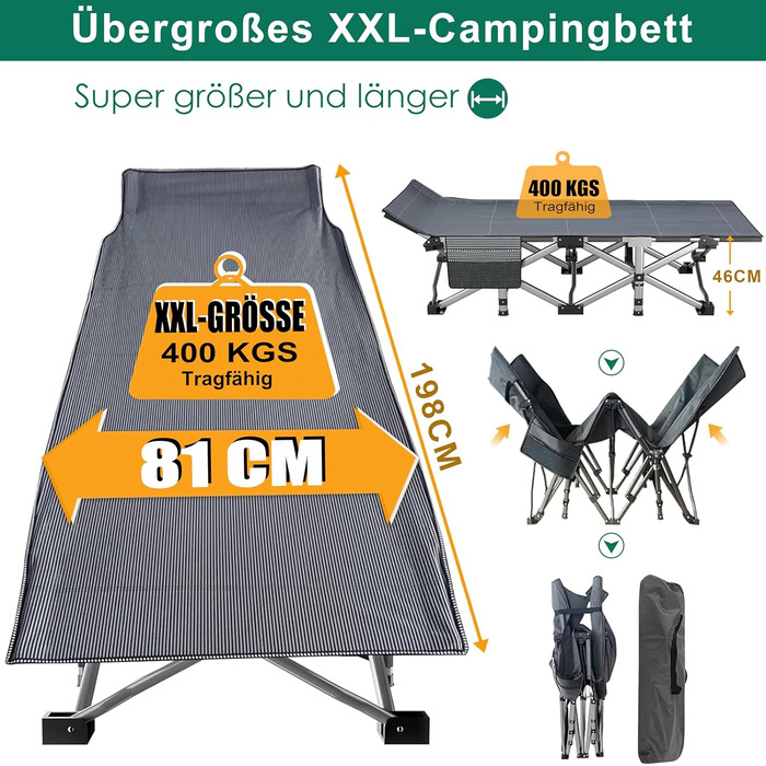 Розкладне ліжко для кемпінгу DRMOIS: велике (XXL), 81 см, вантажопідйомність 400 кг, з ізольованим килимком, сіре