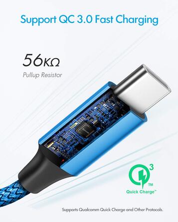 Кабель USB-C на USB-A 6м, блакитний, нейлон - для Samsung, iPhone, Redmi, Pixel