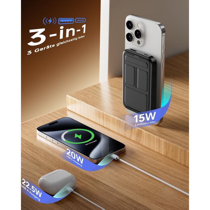 Powerbank MagSafe 10000mAh з PD 22.5W, бездротова зарядка, USB-C, LED-дисплей, чорний