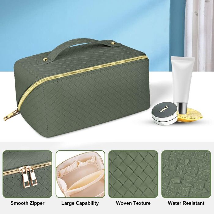 Косметичка для подорожей з PU шкіри, велика містка, водонепроникна, органайзер для туалетних аксесуарів (зелений колір, плетіння)