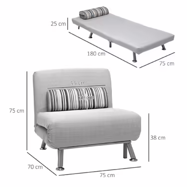 HOMCOM Folding Bed, Sleeper Chair & Guest Bed, Foldable Sofa Bed, Metal, Grey, 75x70x75cm | Aosom