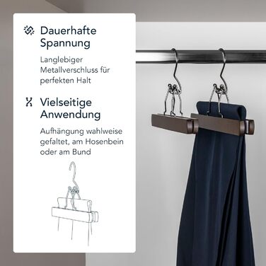 Дерев'яні клемні вішалки для штанів SUITS VIENNA, 8 шт, 28 см, з металевим затискачем, антиковзкі, темний горіх