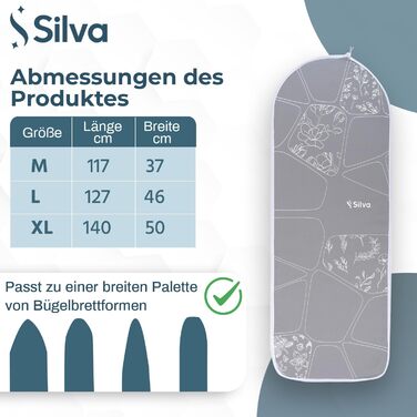 Чохол для прасувальної дошки Silva 140x50 см, 100% бавовна з філцьовим наповнювачем 5 мм, терморефлексія, антиковзаюча поверхня, легкий у догляді. Підходить для парових прасувальних дощок, станцій та універсального розміру (XL, сірий)