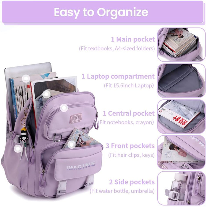 Шкільний рюкзак Tanou для дівчаток-підлітків, велика місткість, 9-16 років, водонепроникний нейлон, чорний (9573# фіолетовий)