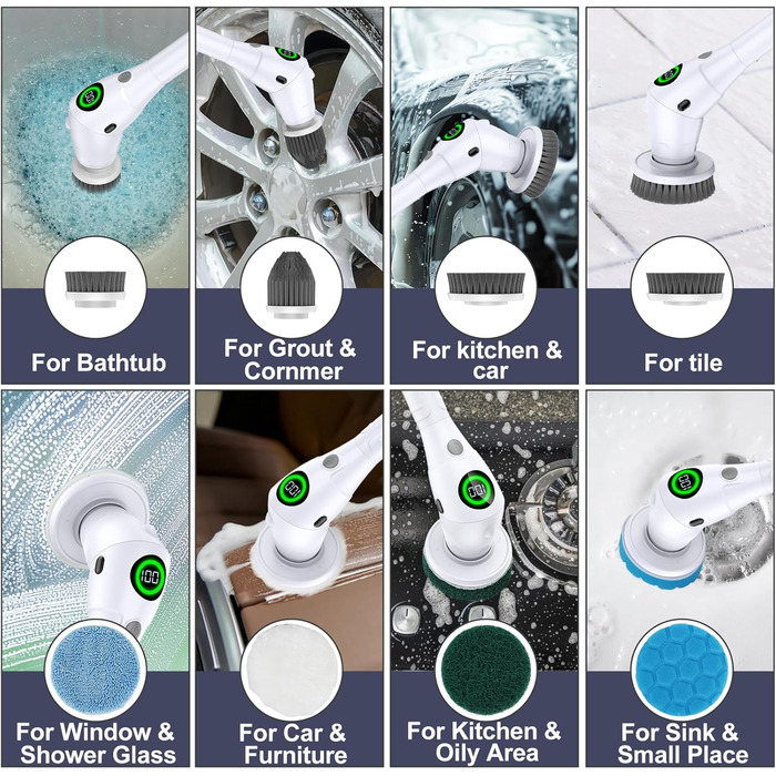 Електрична щітка для чищення з 8 насадок, регулювання швидкості, LED дисплей - для ванної, кухні, авто