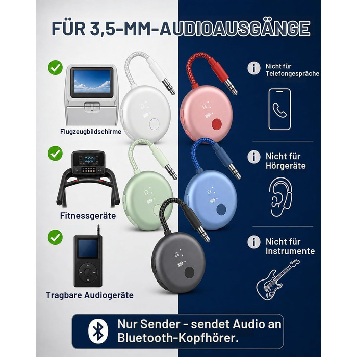 Bluetooth-адаптер для літака Avantree SoundJet R1 для AirPods та бездротових навушників, 25 годин роботи (набір з 7 шт, 5 кольорів)