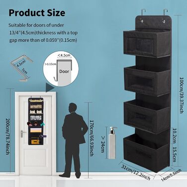 Настінна полиця BrilliantJo на двері, органайзер з 4 великими кишенями та прозорим вікном, чорний