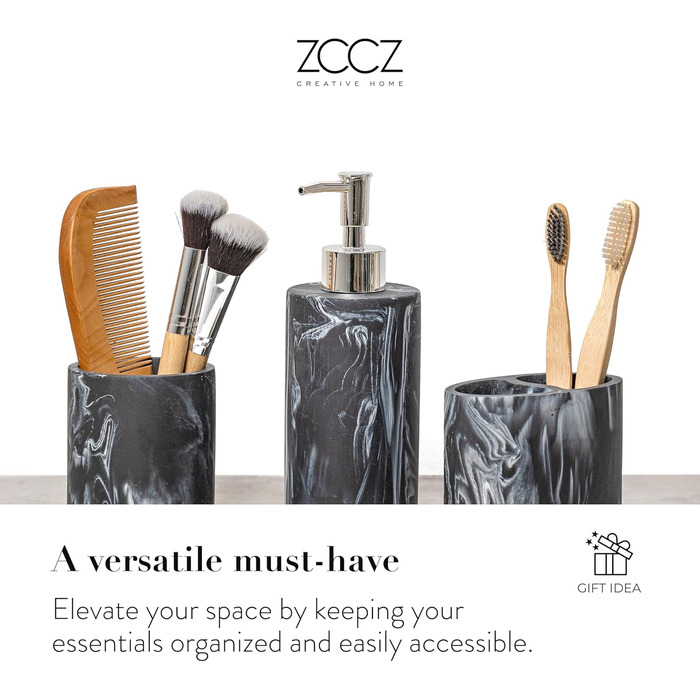 Набір для ванної кімнати ZCCZ: 4 предмети (тримач для зубних щіток, дозатор мила, мильниця, стакан для зубних щіток) – чорний мармур, елегантне зберігання косметики