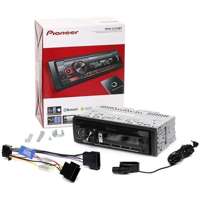 Автомагнітола Pioneer MVH-S320BT 1DIN з Bluetooth, USB, AUX, RDS, німецьке меню, чорна/червона, напівглибока установка, Smart Sync, гучний зв'язок