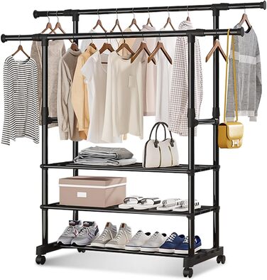 MONKLE - Clothes Rack, Garment Rack, Rolling Garment Rack, Stable Clothes Rack with 3 Storage Shelves, Extendable Double Clothes Rail