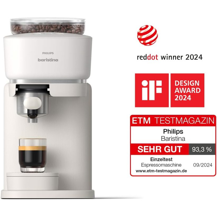 Philips Baristina Espresso Machine - Real Espresso made simple. Compact coffee machine - Naturweiß (off-white) with white portafilter - 16-bar pump pressure - automatic grinder - Cafe Crema (BAR300/00)