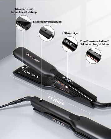 ANNLARY 2-in-1 Hair Straightener & Curling Wand with Titanium Ceramic Ion Technology - Anti-Heat Silicone Protection for Less Split Ends, Shiny Hair - Dual Voltage (110-240V) - Black/Rose Gold (1.75 inch)