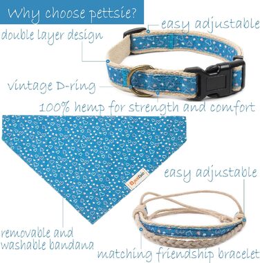 Pettsie Dog Bandana with Collar and Friendship Bracelet, Adjustable Sizes S, M, and L, Detachable Bandana Fabric, Attractive Packaging Included, Dog Lover, L, (M 33-50.8cm, Blue)