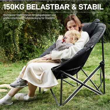 Крісло-місяць EVER ADVANCED Luxus XXL для кемпінгу, складне, до 150 кг, чорне. З подушкою, для саду, балкону, приміщення.