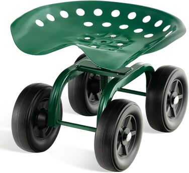 COSTWAY Rolling Seat with Wheels, 360° Swivel | Height Adjustable, Mobile Garden Seat Outdoor Garden Stool, up to 150 kg | Wide Tires, Garden Rolling Seat Metal, for Gardening & Car Care, Green