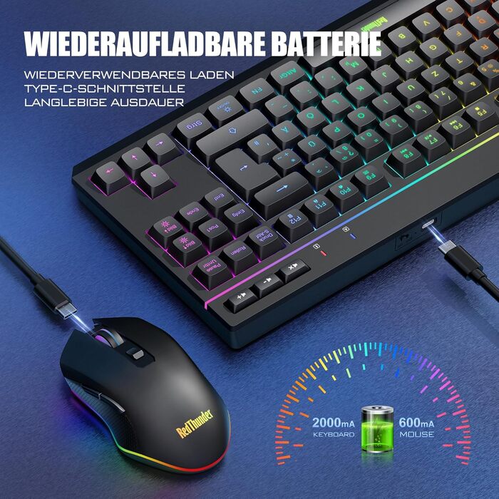 Бездротовий комплект клавіатури та миші RedThunder 75% QWERTZ RGB з підсвічуванням, для ПК Xbox PS5, чорний. Підтримка мультимедійних функцій та оптичний сенсор 7D.