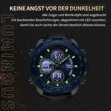 Навіфорс чоловічий військовий годинник з цифровим та аналоговим дисплеєм, кварцовий, водонепроникний, спортивний, багатофункціональний, з ремінком з натуральної шкіри (сріблястий+блакитний)