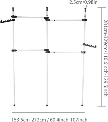 Telescopic Wardrobe System, Clothes Rail System, Shelf System, Clothes Rack with 3 Rails, 4 Crossbars and 2 Wide Hooks for Home and Retail Clothing Stores, 153-272x281-329cm