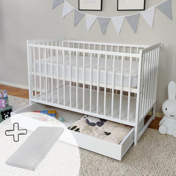 Kids Collective Baby Bed with Mattress and Drawer, Toddler Bed, Crib, Cot, Baby, Child, 60x120 complete set, height adjustable & removable slats | White Wood Boy Girl 60 x 120 cm with drawer + mattress White