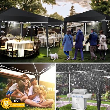 KESSER® Pavilion Folding Pavilion 3x3m with LED Lighting | Pop-Up Garden Pavilion Height Adjustable, Stable, Waterproof, Winter-Proof | Party Tent, Event Tent, UV Protection 50+ including Remote Control & Bag Black