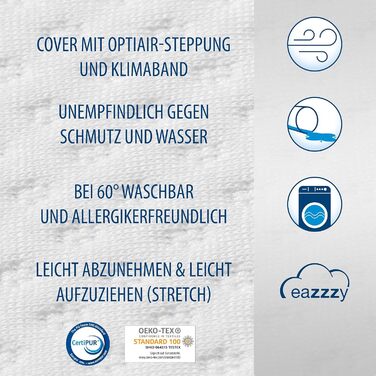 Genius Eazzzy Topper Classic 90x200cm Height 7 cm H2 H3 - orthopedic mattress topper for mattress & box spring bed made of gel foam | Mattress topper 90x200 for allergy sufferers + cover