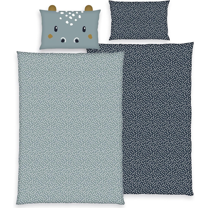 Дитяча постільна білизна (комплект 2 шт.) з 100% бавовни Oeko-Tex: ковдра 100x135 см та подушка 40x60 см, на блискавці, дихаюча, регулює температуру, з тваринами (Гіпопотам)