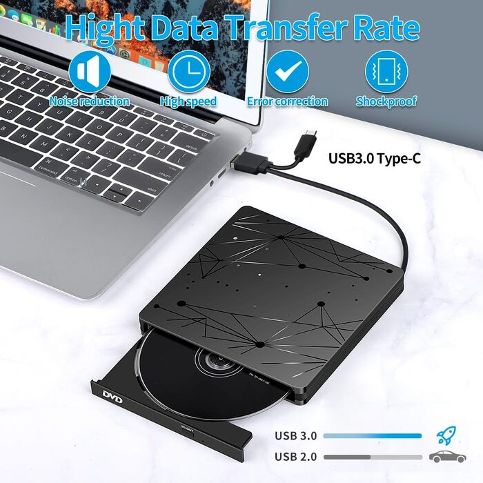 Зовнішній CD/DVD привід LMEN з USB 3.0 для ноутбука та ПК, портативний DVD-записувач CD-ROM, низький рівень шуму, сумісність з Windows, Linux, MacBook
