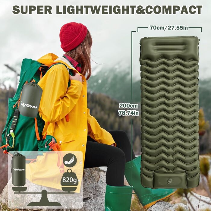 Надувний матрац Isomatte 12 см з насосом та подушкою, армійсько-зелений, для кемпінгу, туризму, пляжу