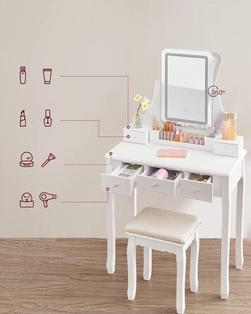 Туалетний столик VASAGLE з LED-підсвіткою (3 кольори), дзеркалом 360°, 5 шухляд, м'який пуф, органайзер, білий